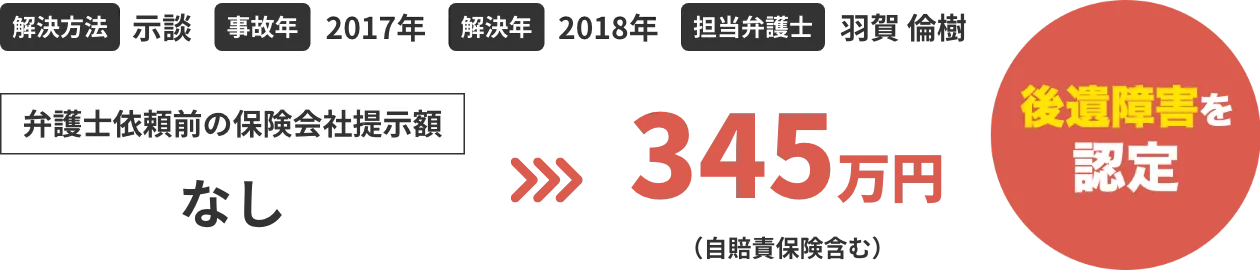弁護士依頼前の保険会社提示額なし 345万円 後遺障害を認定